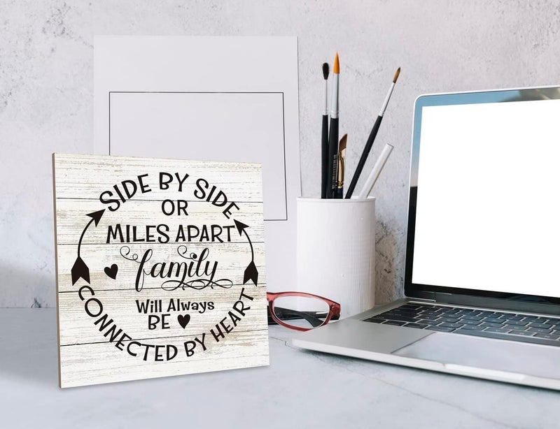 SUSZDOU Family Sign, “Side by Side or Miles Apart, Family Will Always Be Connected by Heart”, Wooden Plaque Table Art Sign 6.2x6.2 Inch, Farmhouse Room Decor, Long Distance Gift for Loved Ones - Image 4